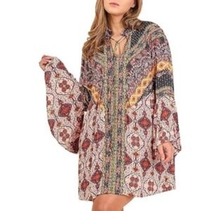 Umgee Boho Daydream Bell Sleeve Paisley Geometric Floral Tie Mini Tunic Dress